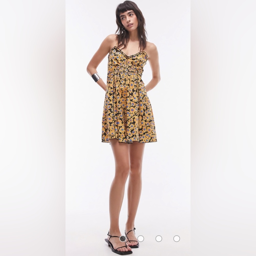 Topshop Yellow Floral Sunflower Mini‎ Dress Strappy Tie Back Size US 10 NEW